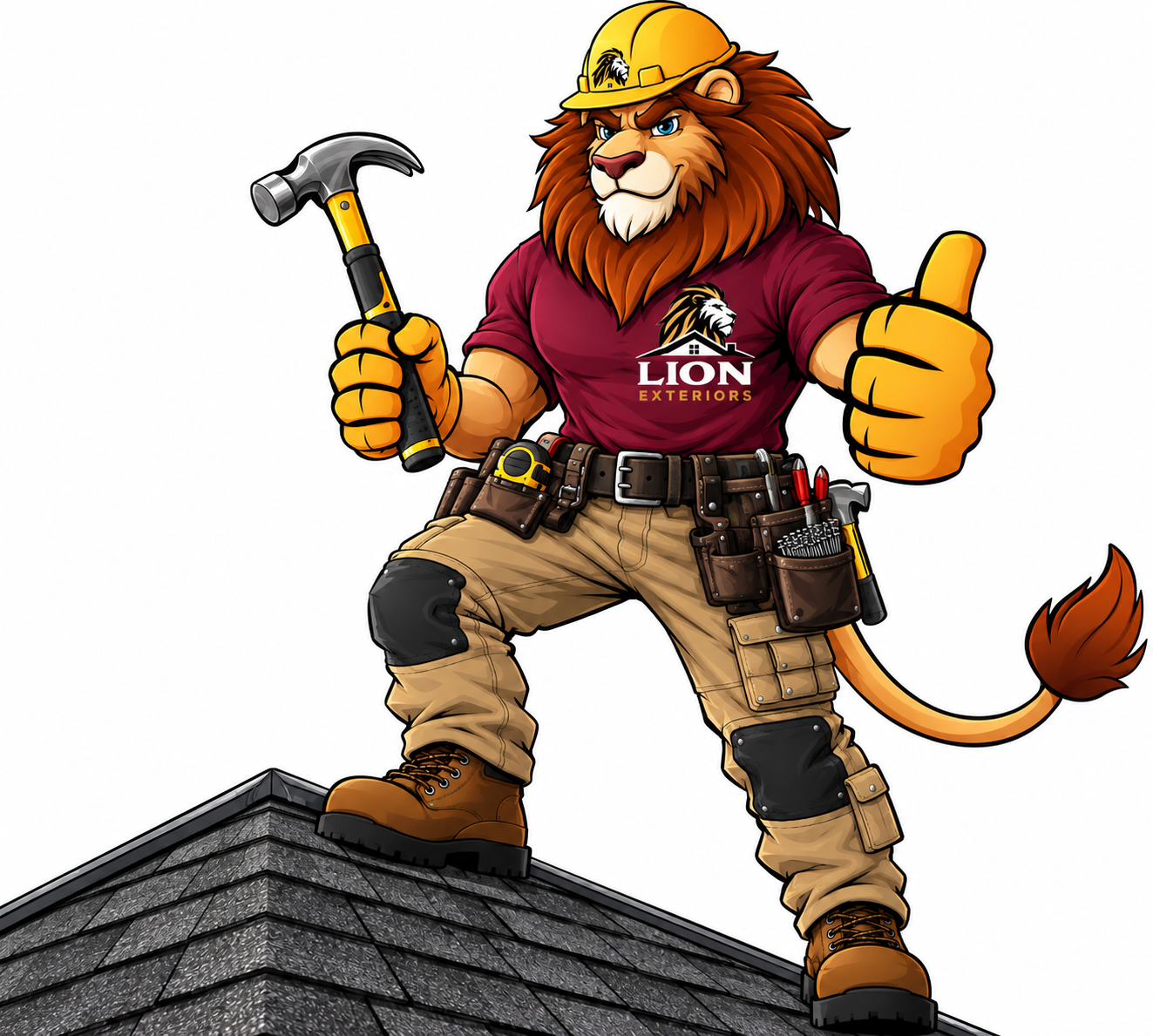The LION Exteriors mascot giving a thumbs-up